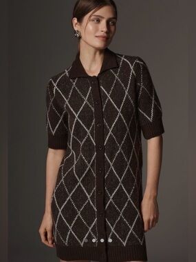 Anthropology Argyle Sweater Dress 🤎 Cozy Knit Rhinestone Detail Brown Chic M